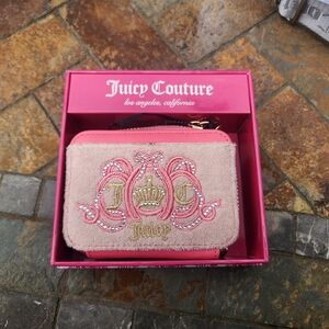 Juicy Couture Pink Embroidered Crest Wristlet Wallet with Gold Accents